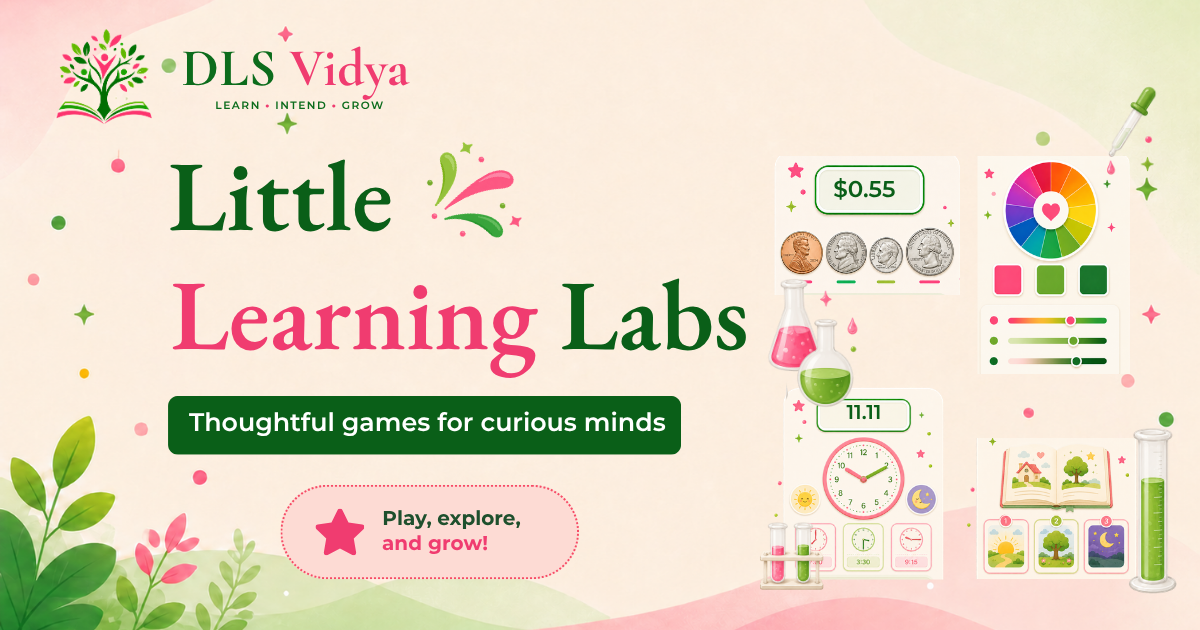 Little Learning Labs illustrations showing Money Lab, Color Lab, Time Lab, and Story Lab activity panels.