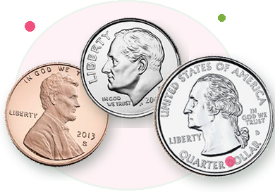Penny, dime, and quarter coins